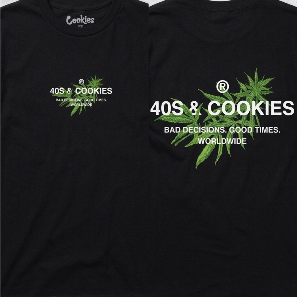 40s & Cookies Black Short Sleeve Tee with Leaf Graphic